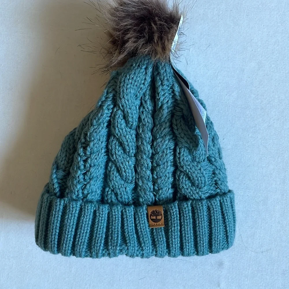 Timberland Heavy Cable Knit PomPom Beanie with Fleece Lining NWT